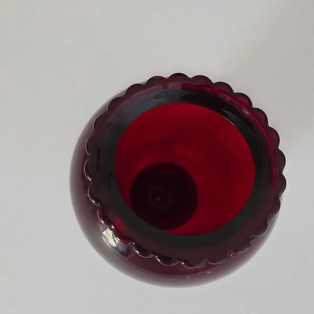 Vintage Anchor Hocking Glass Ruby Red Vase Home Decor 8.5in Crimped Rim
